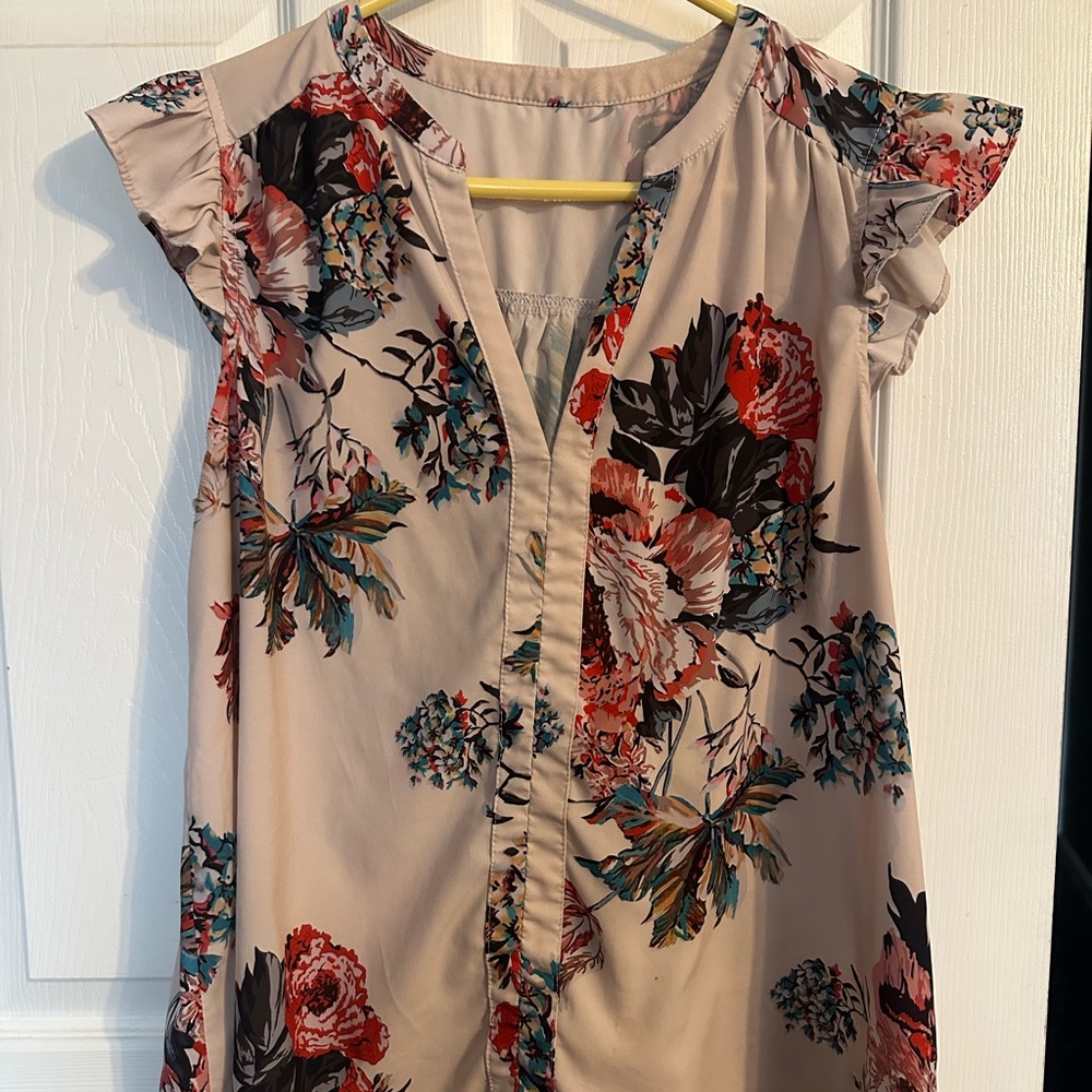 Floral Ruffle Cap-Sleeve Blouse - Beige with Red & Teal Floral- L